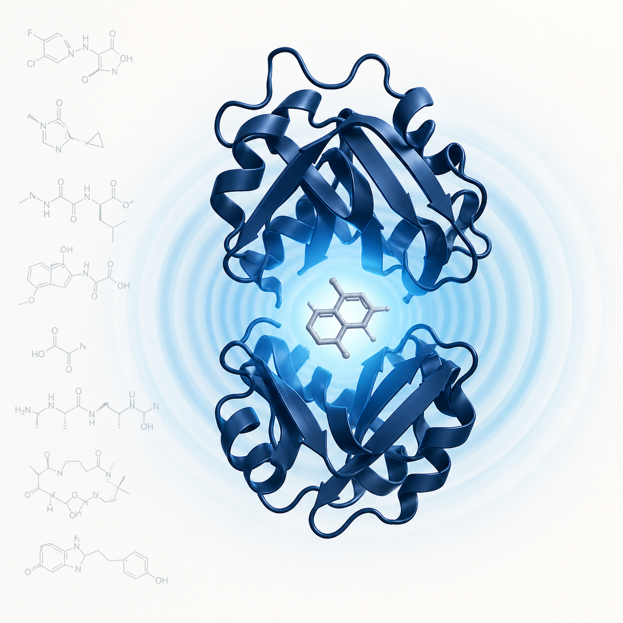 An engineered protein scaffold capturing a small-molecule ligand and emitting a fluorescent signal, surrounded by chemical structures of analyte candidates
